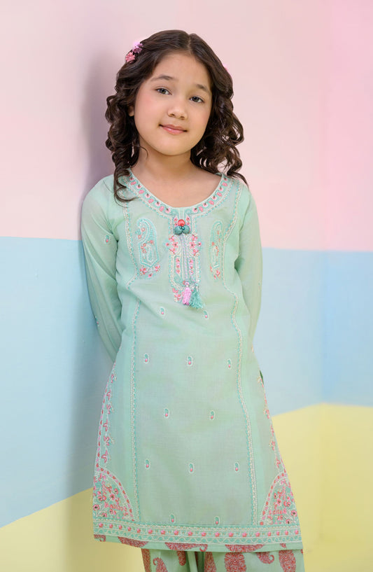 Fresh Birds Embroidered Cotton Lawn Stitched 2 Piece Suit - Majesty - FBR26TW - Sky Blue - Festive Girls Collection