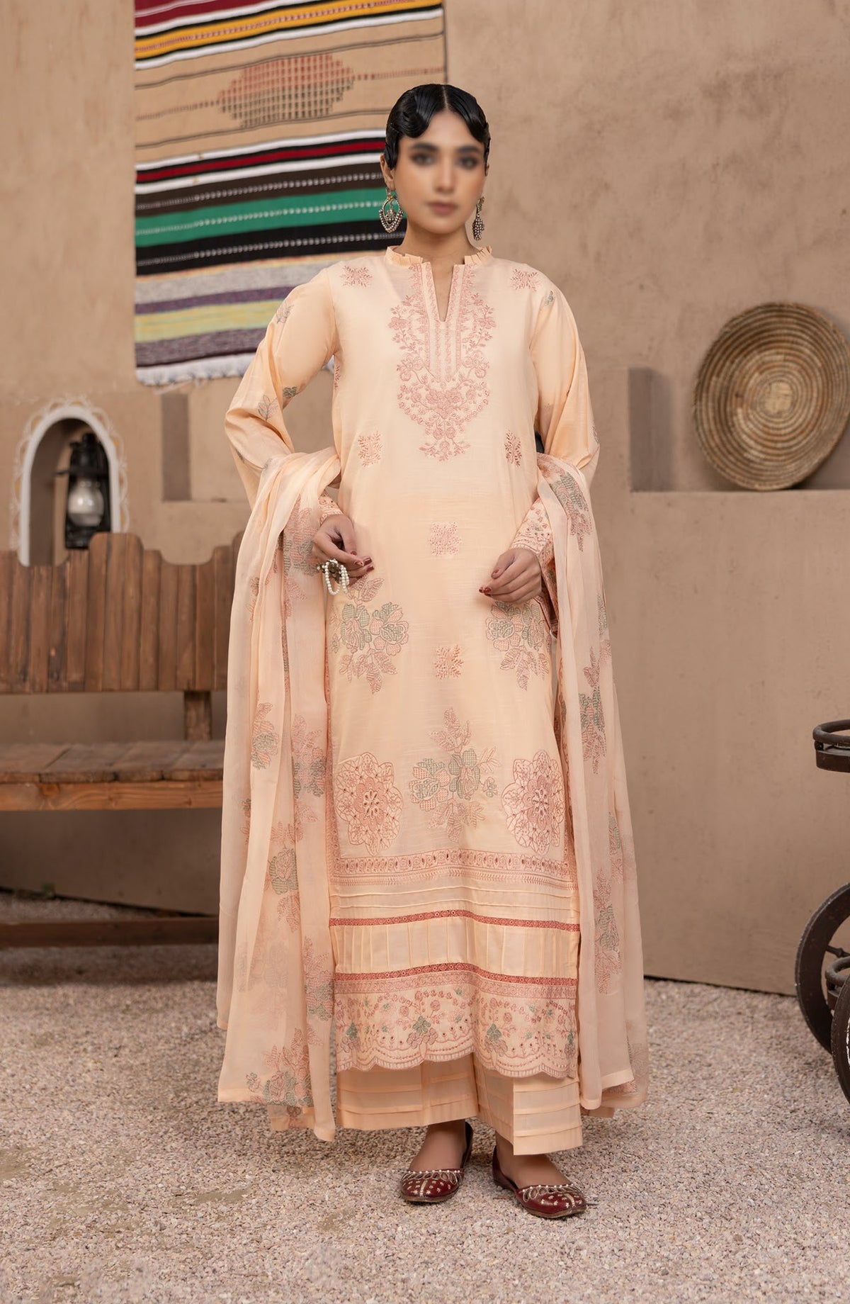 Malboos by Al Karim Embroidered Lawn Unstitched 3 Piece Suit - D-04 - AK26BOS - Peach - Summer Collection