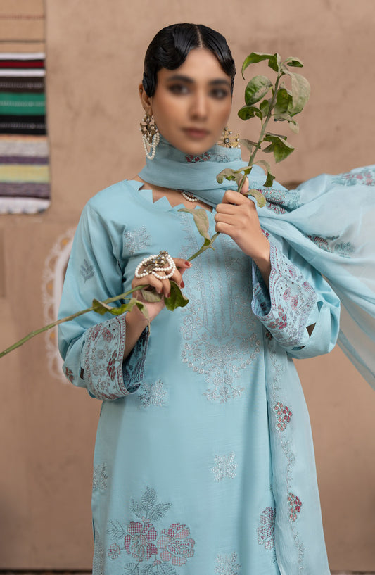 Malboos by Al Karim Embroidered Lawn Unstitched 3 Piece Suit - D-03 - AK26BOS - Blue - Summer Collection