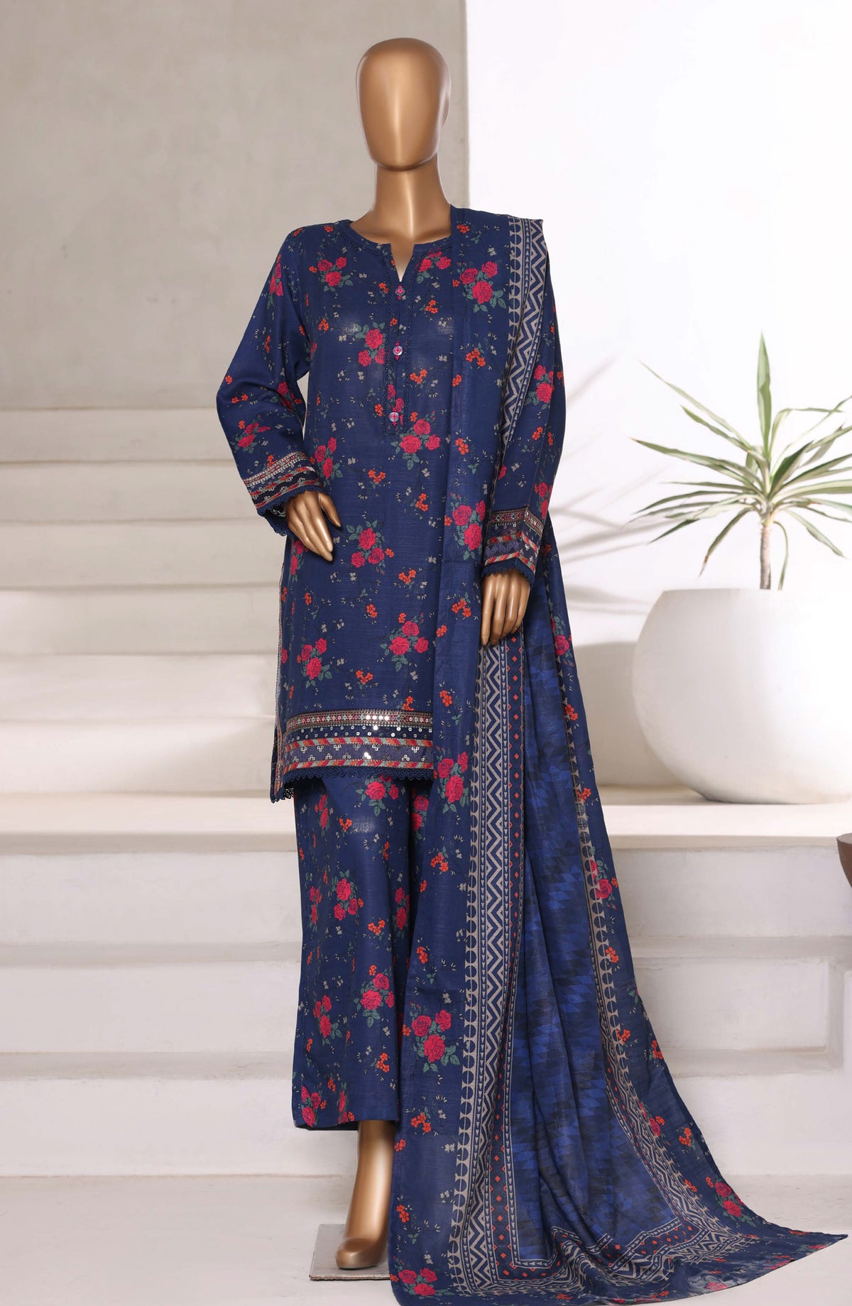 Malika by Sadabahar Embroidered Khaddar Stitched 3 Piece Suit - Design-02 - SBD25MLK - Blue - Winter Collection