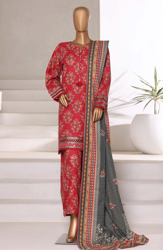 Malika by Sadabahar Embroidered Khaddar Stitched 3 Piece Suit - Design-03 - SBD25MLK - Red - Winter Collection