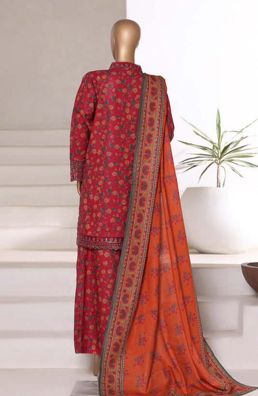 Malika by Sadabahar Embroidered Khaddar Stitched 3 Piece Suit - Design-05 - SBD25MLK - Red - Winter Collection