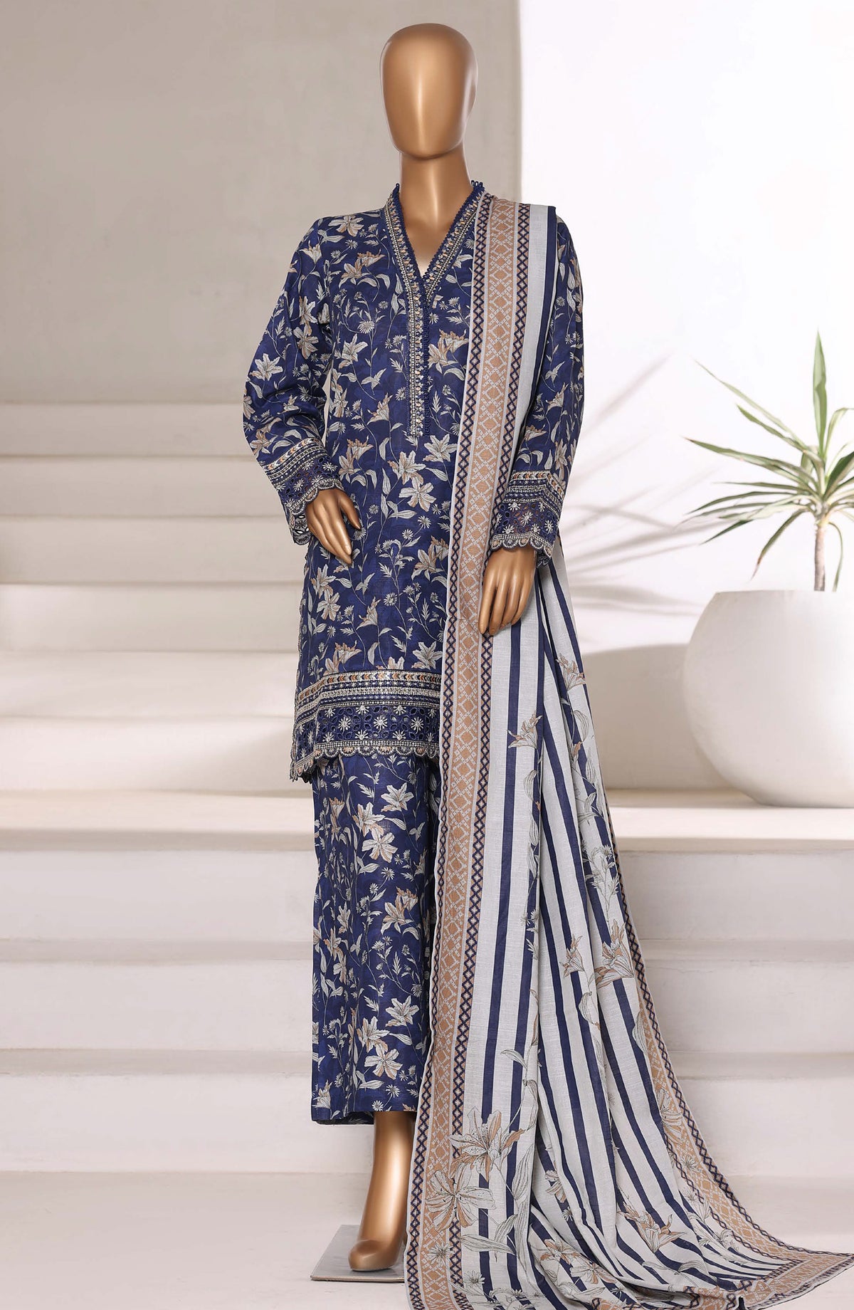 Malika by Sadabahar Embroidered Khaddar Stitched 3 Piece Suit - Design-06 - SBD25MLK - Blue - Winter Collection