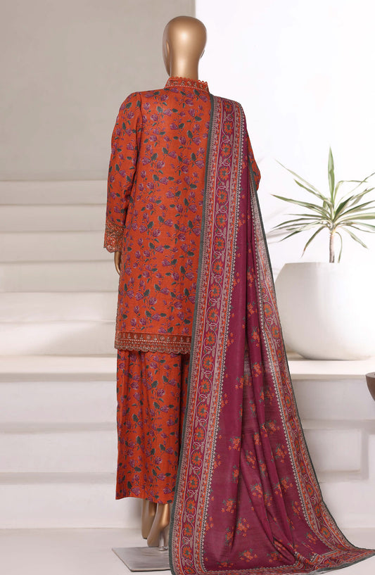 Malika by Sadabahar Embroidered Khaddar Stitched 3 Piece Suit - Design-08 - SBD25MLK - Orange - Winter Collection