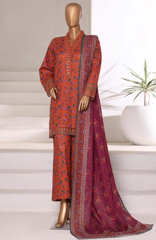 Malika by Sadabahar Embroidered Khaddar Stitched 3 Piece Suit - Design-08 - SBD25MLK - Orange - Winter Collection