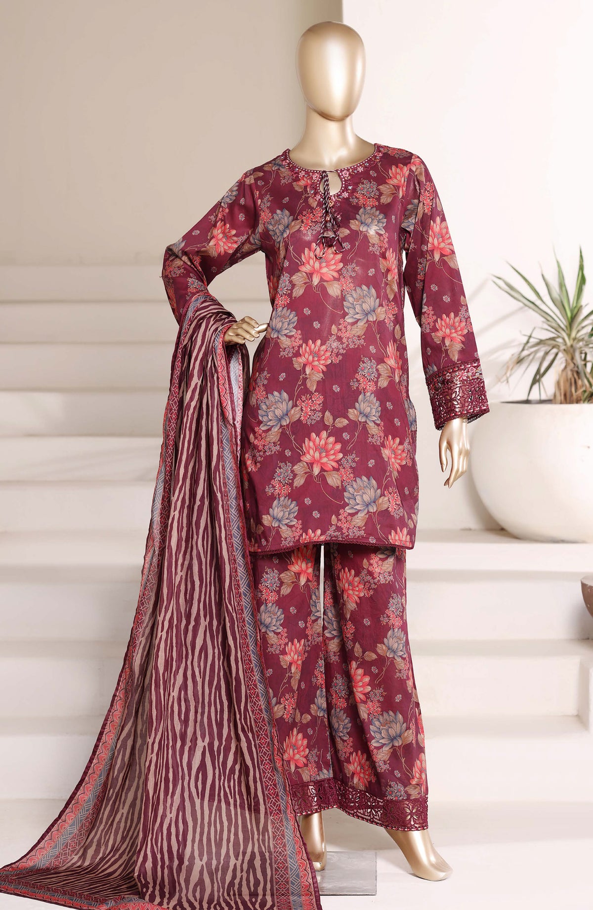 Malika by Sadabahar Embroidered Lawn Stitched 3 Piece Suit - D-01 - SBD26MLKA - Maroon - Festive Collection