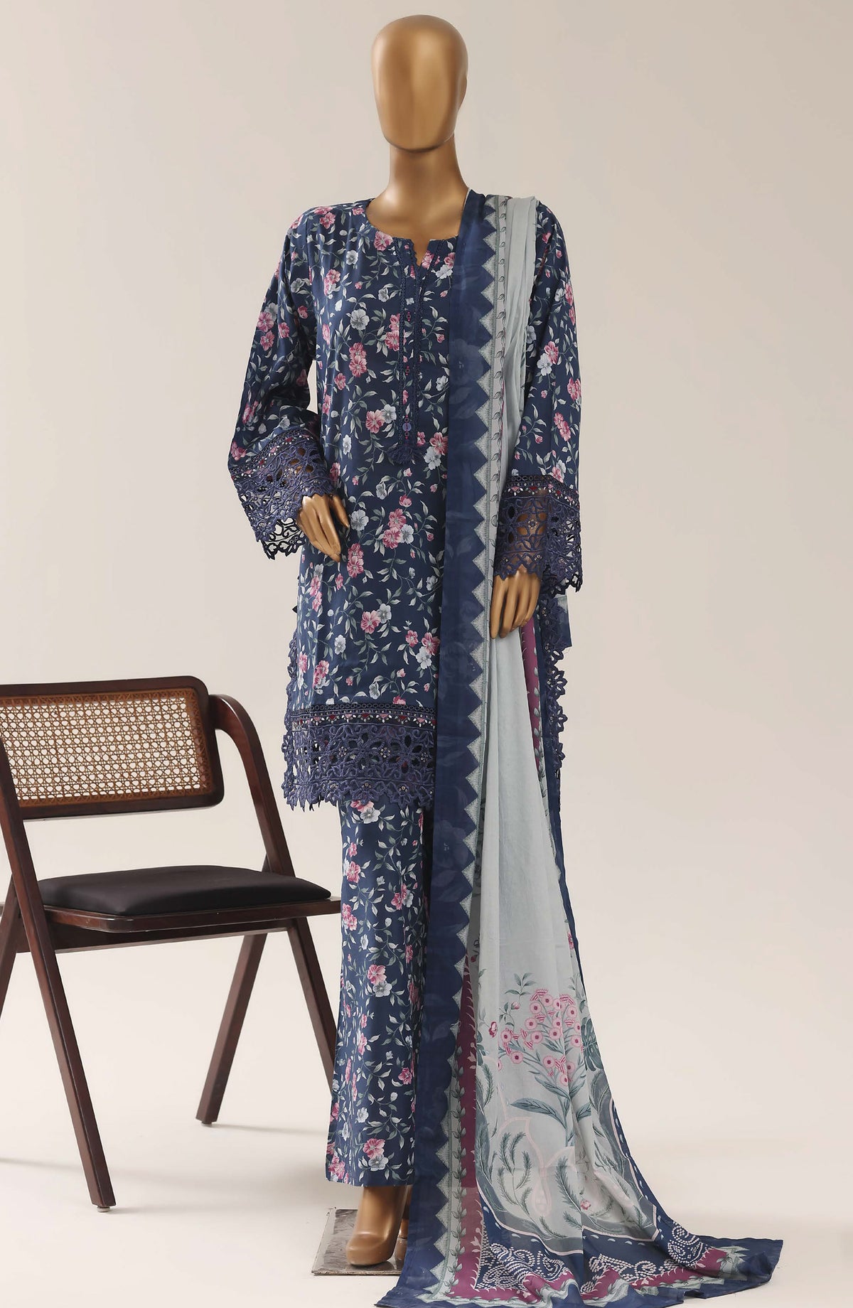Malika by Sadabahar Embroidered Lawn Stitched 3 Piece Suit - D-04 - SBD26THR - Blue - Festive Collection