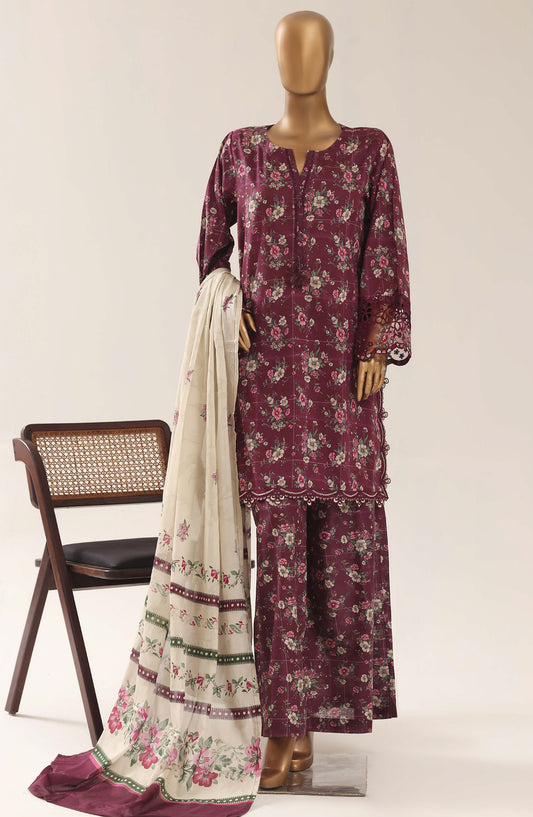 Malika by Sadabahar Embroidered Lawn Stitched 3 Piece Suit - D-02 - SBD26THR - Maroon - Festive Collection