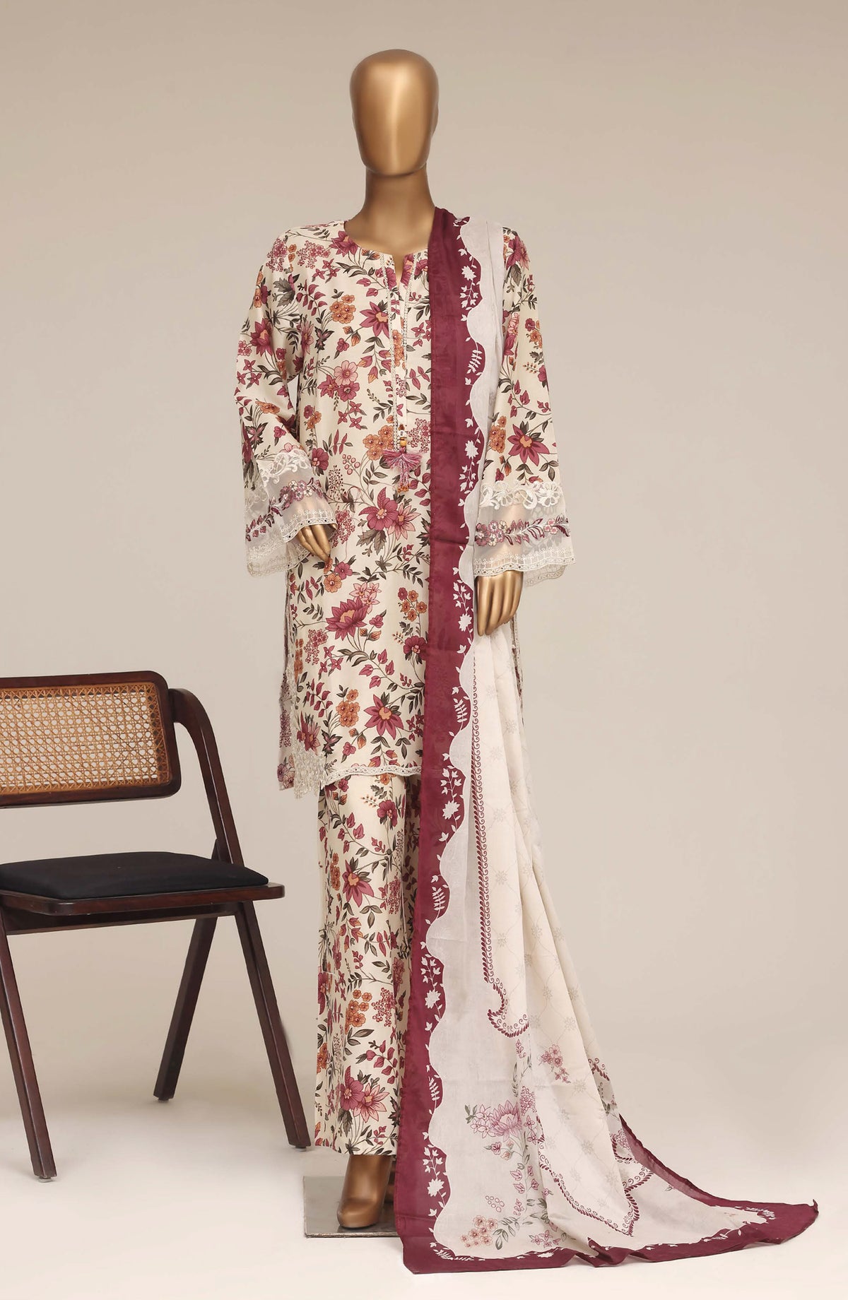 Malika by Sadabahar Embroidered Lawn Stitched 3 Piece Suit - D-06 - SBD26MFR - Maroon - Festive Collection