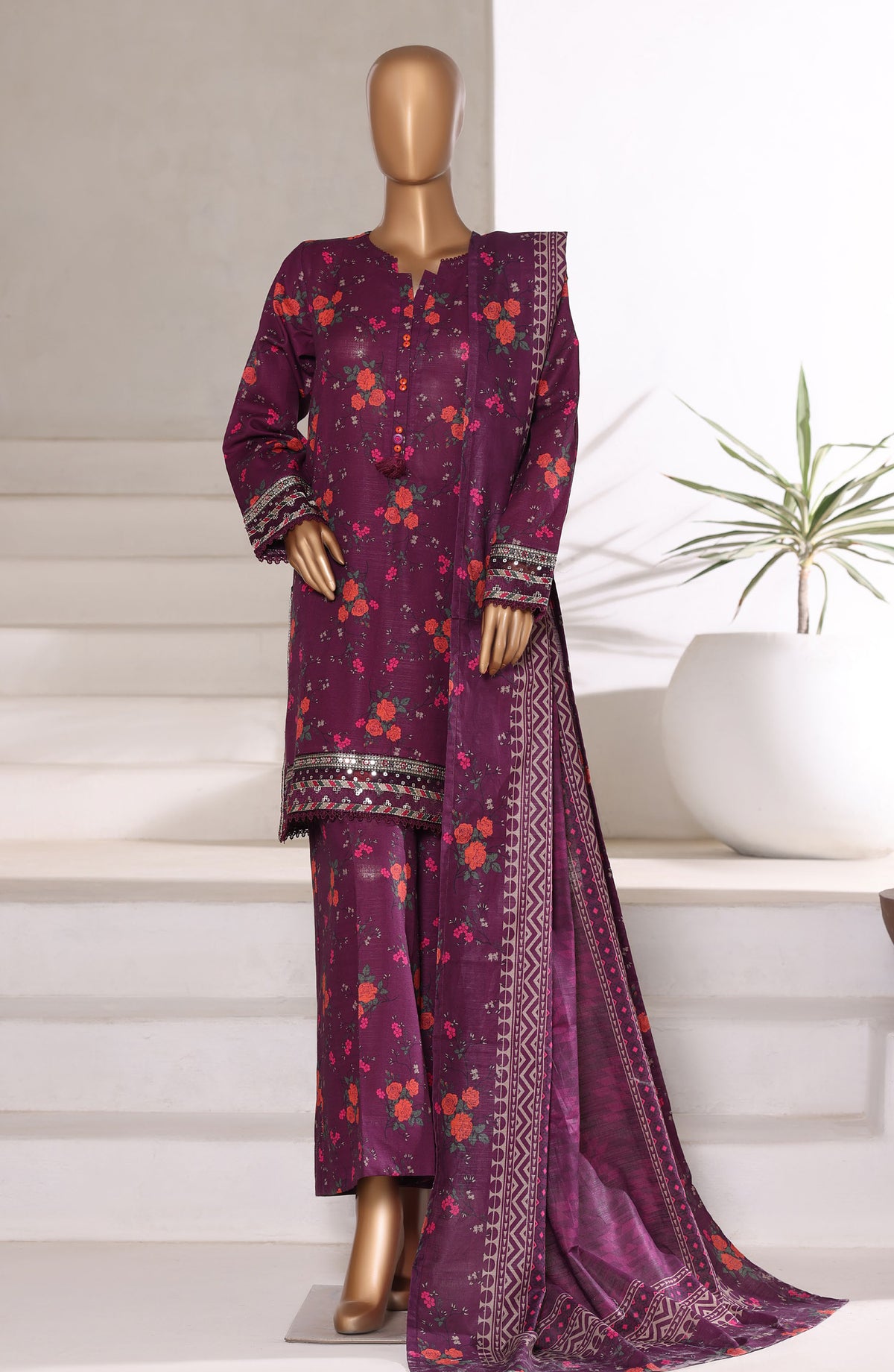 Malika by Sadabahar Embroidered Khaddar Stitched 3 Piece Suit - Design-07 - SBD252KA - Purple - Winter Collection