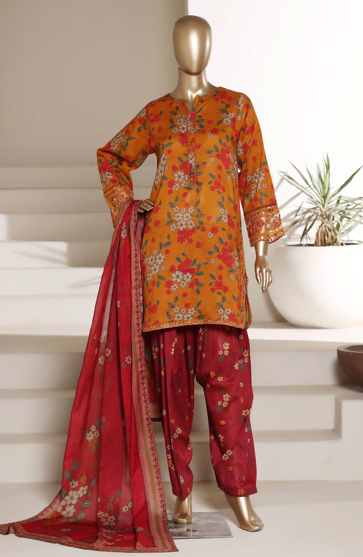 Malika by Sadabahar Embroidered Stitched 3 Piece Suit - Design-02 - SBD26SUI - Orange - Summer Collection
