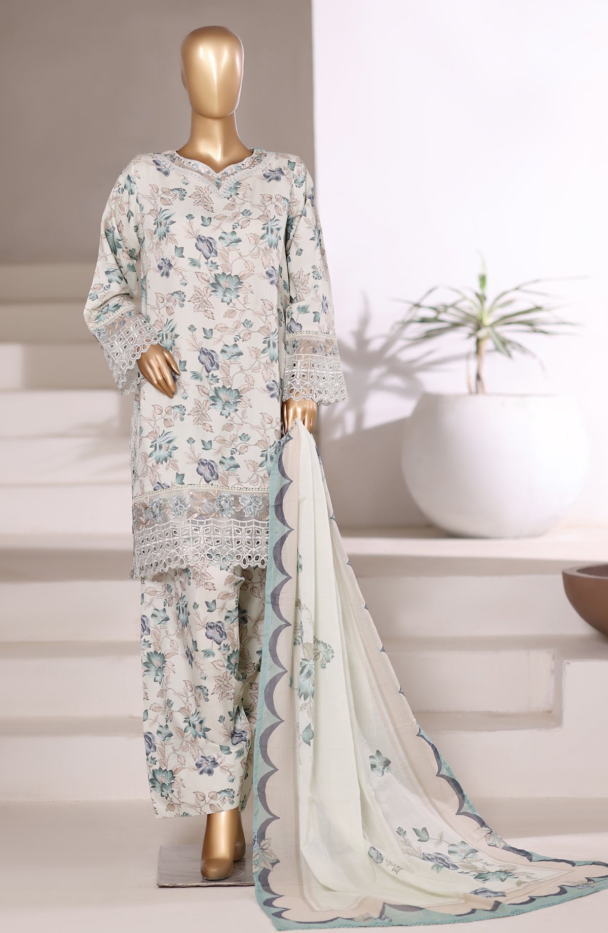 Malika by Sadabahar Embroidered Viscose Stitched 3 Piece Suit - D-02 - SBD25VFR - White - Winter Collection