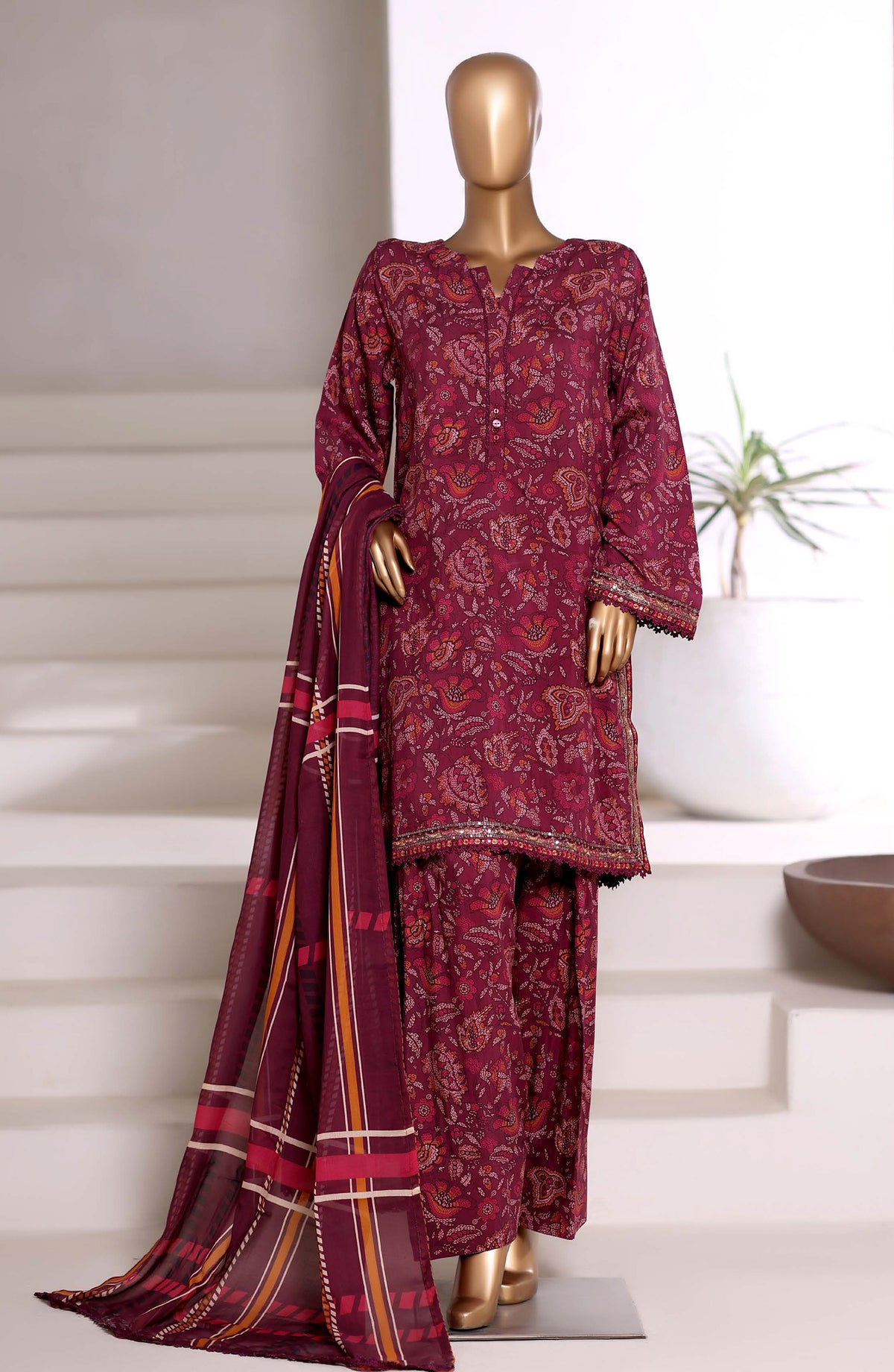 Malika by Sadabahar Embroidered Viscose Stitched 3 Piece Suit - D-04 - SBD25VSHI - Maroon - Winter Collection