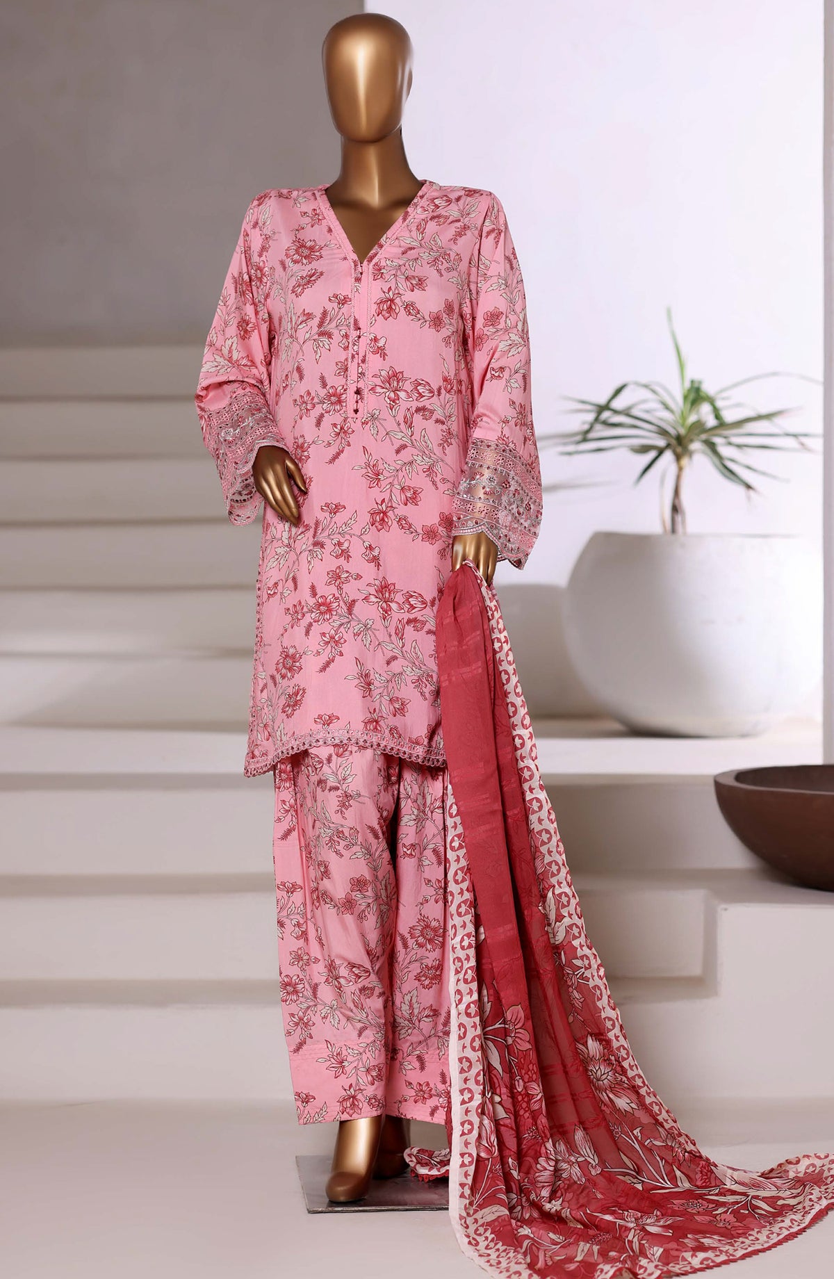Malika by Sadabahar Embroidered Viscose Stitched 3 Piece Suit - D-02 - SBD25VSHI - Pink - Winter Collection
