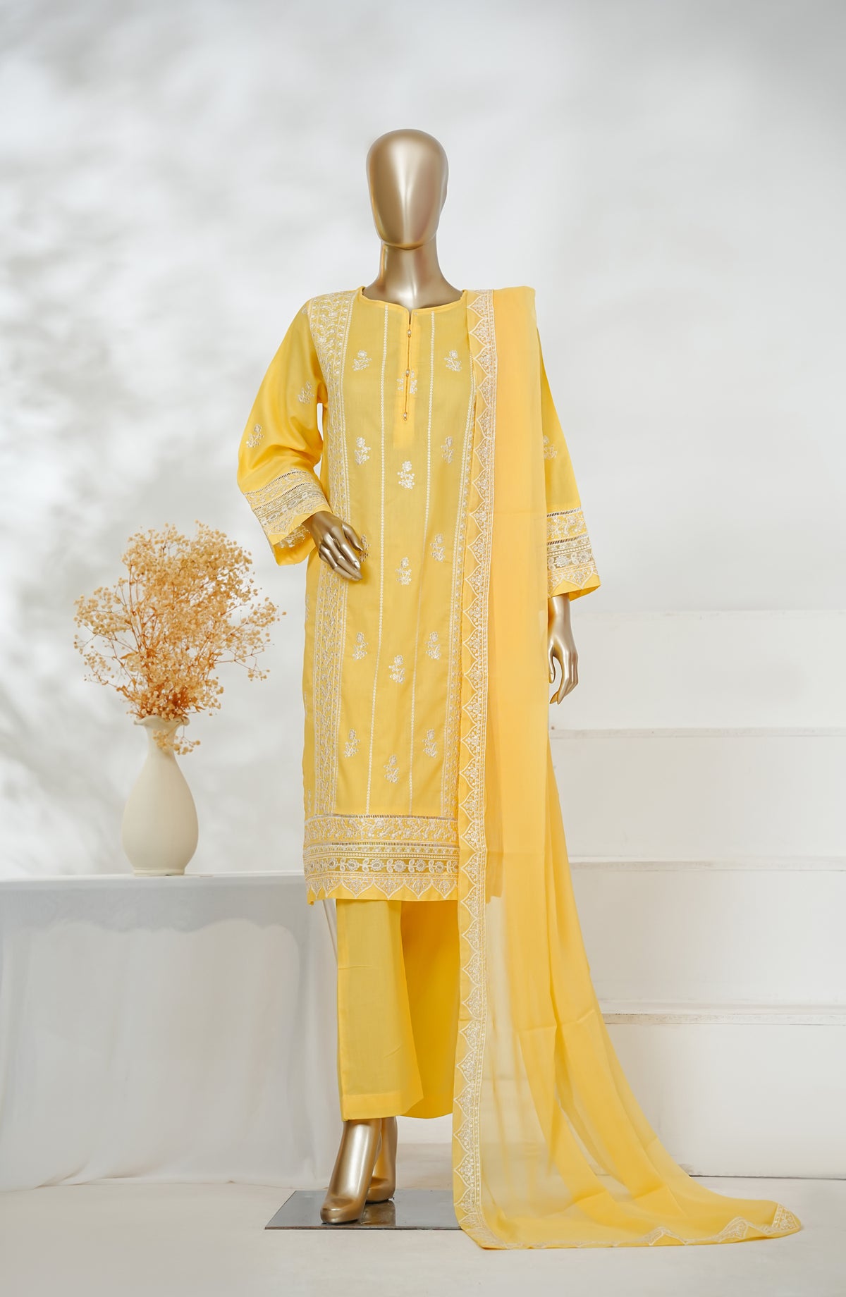 Manahyl by Amna Khadija Embroidered Cambric Cotton Stitched 3 Piece Suit - AKMS-01 - AM26AMHL - Yellow - Eid Collection