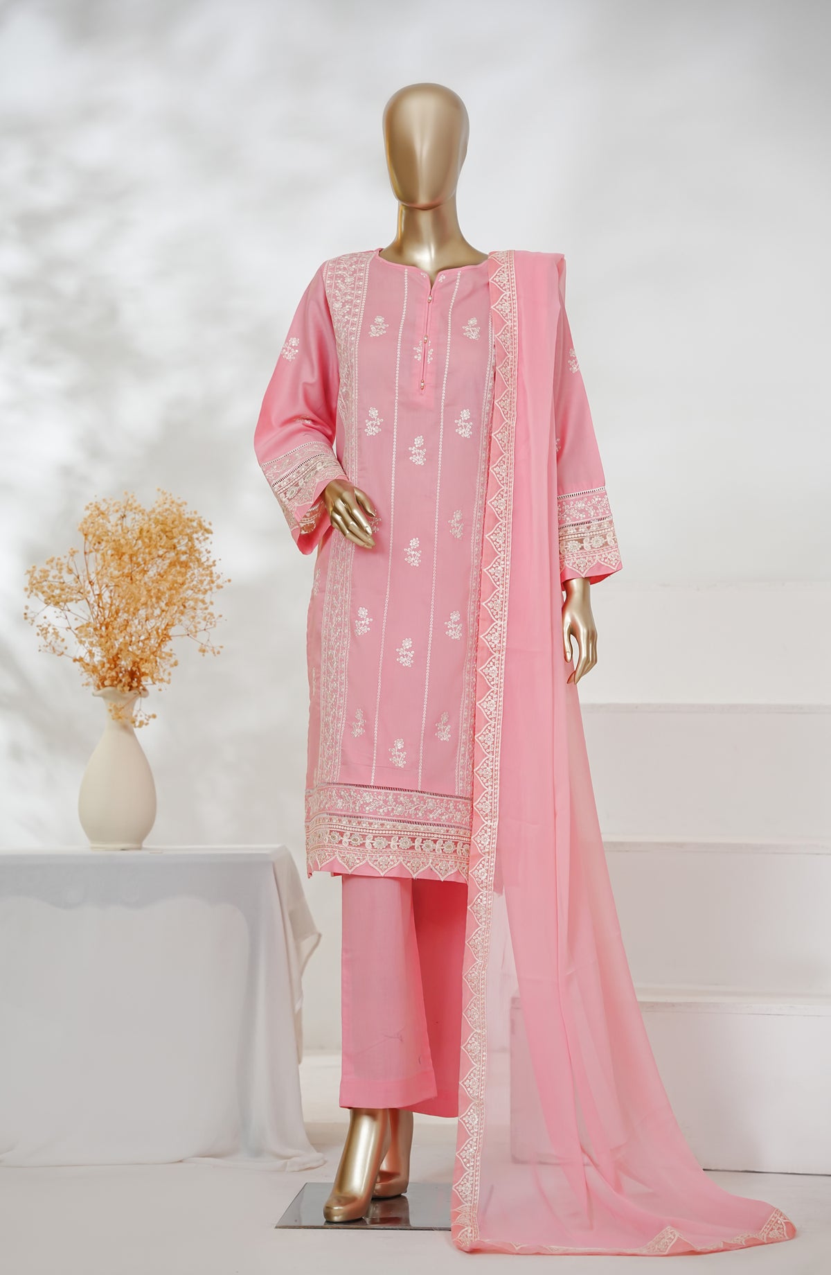 Manahyl by Amna Khadija Embroidered Cambric Cotton Stitched 3 Piece Suit - AKMS-03 - AM26AMHL - Pink - Eid Collection