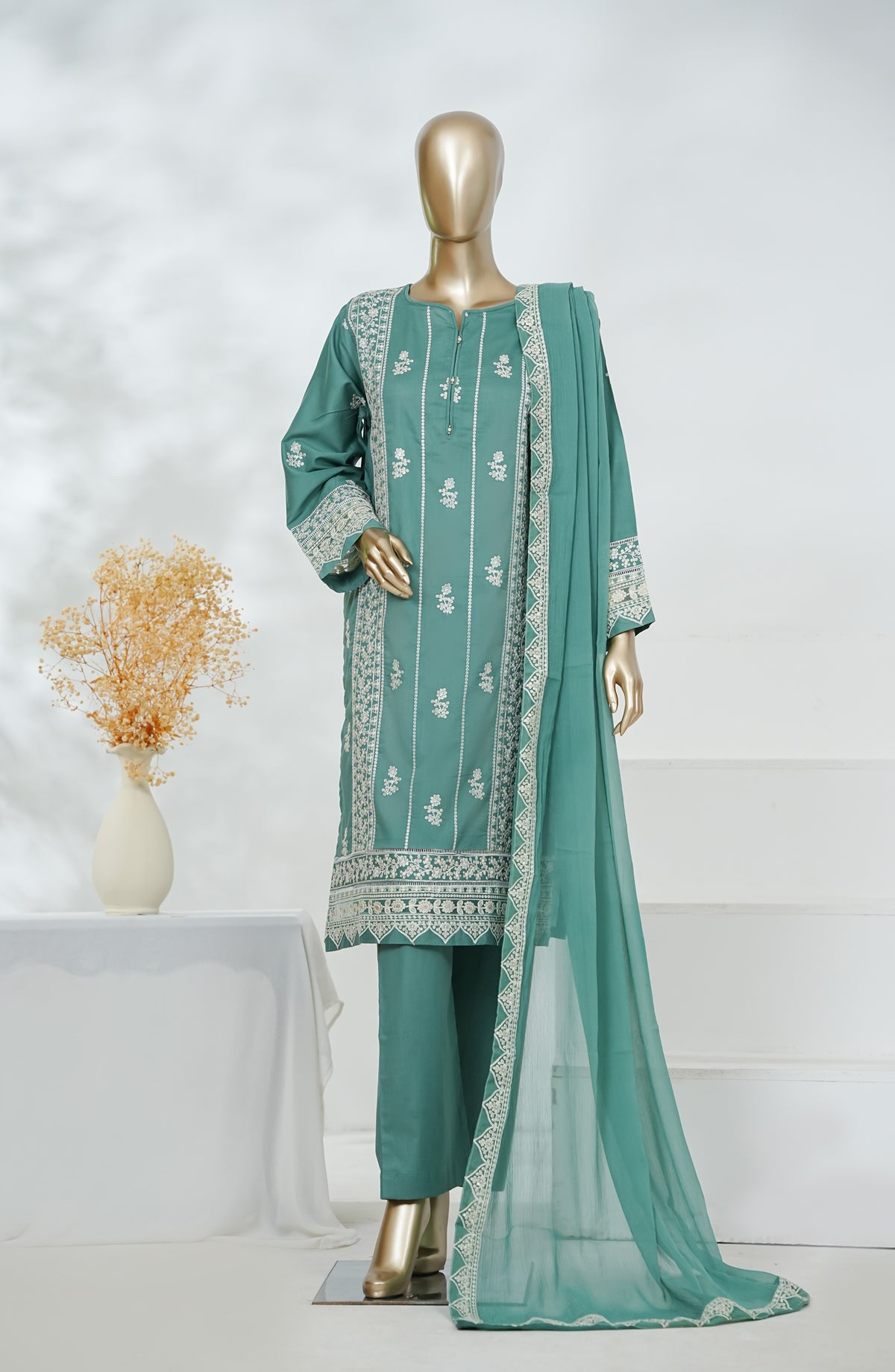 Manahyl by Amna Khadija Embroidered Cambric Cotton Stitched 3 Piece Suit - AKMS-04 - AM26AMHL - Sea Green - Eid Collection