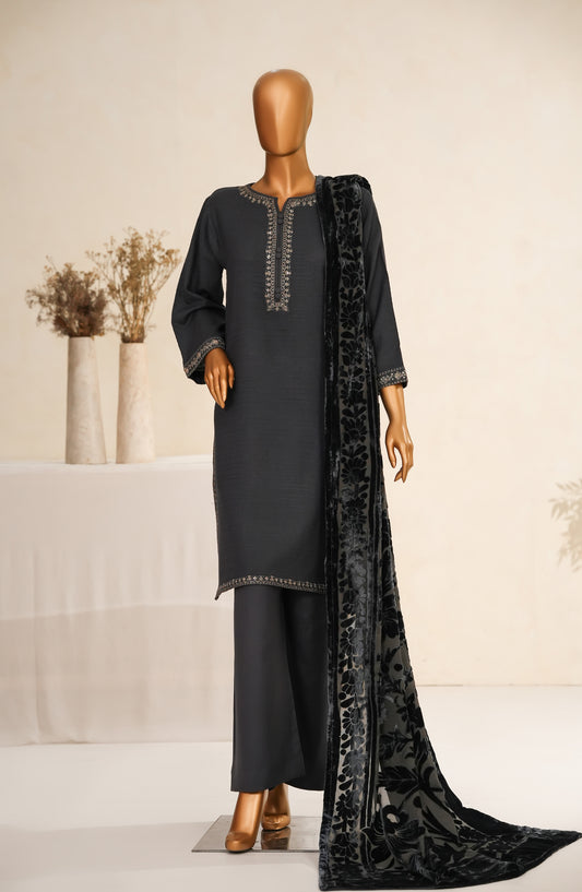 Maniya Velvet by Amna Khadija Embroidered Zari Self Dhanak Stitched 3 Piece Suit - MVSOW-09 - AM25MVSOW - Black - Winter Collection