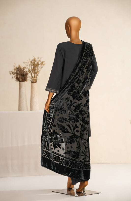 Maniya Velvet by Amna Khadija Embroidered Zari Self Dhanak Stitched 3 Piece Suit - MVSOW-09 - AM25MVSOW - Black - Winter Collection