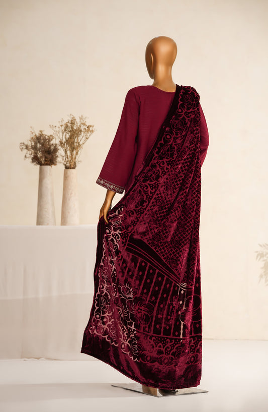 Maniya Velvet by Amna Khadija Embroidered Zari Self Dhanak Stitched 3 Piece Suit - MVSOW-08 - AM25MVSOW - Red - Winter Collection