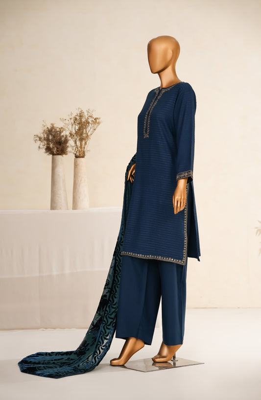 Maniya Velvet by Amna Khadija Embroidered Zari Self Dhanak Stitched 3 Piece Suit - MVSOW-07 - AM25MVSOW - Blue - Winter Collection