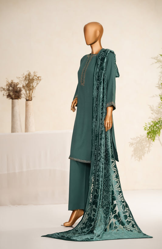 Maniya Velvet by Amna Khadija Embroidered Zari Self Dhanak Stitched 3 Piece Suit - MVSOW-06 - AM25MVSOW - Green - Winter Collection