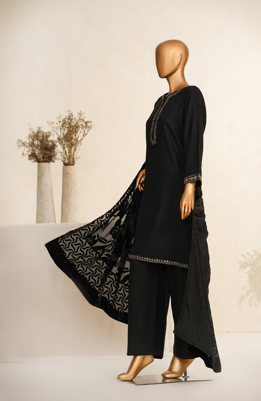Maniya Velvet by Amna Khadija Embroidered Zari Self Dhanak Stitched 3 Piece Suit - MVSOW-05 - AM25MVSOW - Black - Winter Collection