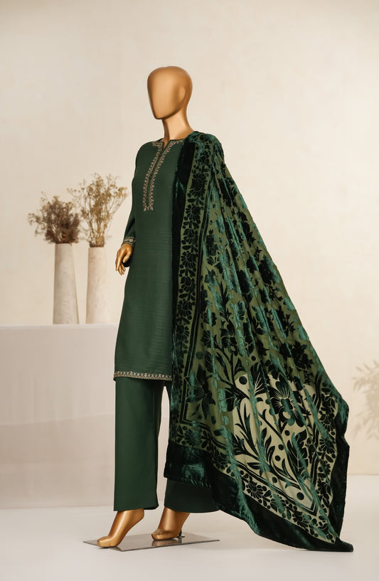 Maniya Velvet by Amna Khadija Embroidered Zari Self Dhanak Stitched 3 Piece Suit - MVSOW-02 - AM25MVSOW - Green - Winter Collection