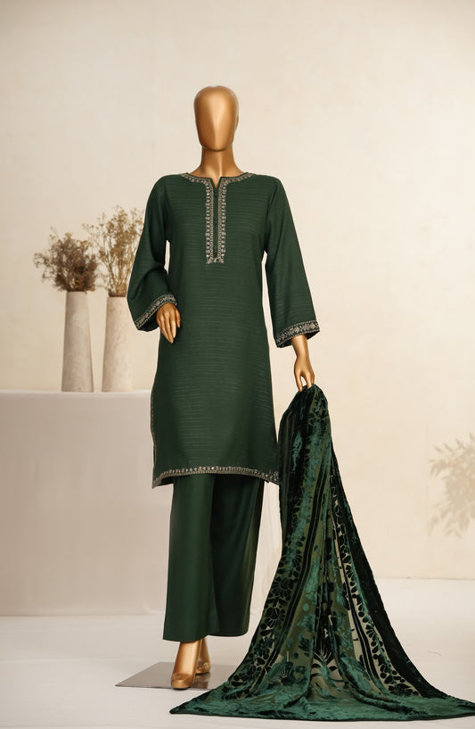Maniya Velvet by Amna Khadija Embroidered Zari Self Dhanak Stitched 3 Piece Suit - MVSOW-02 - AM25MVSOW - Green - Winter Collection