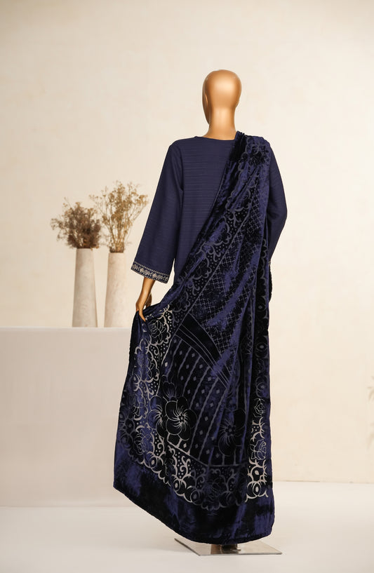 Maniya Velvet by Amna Khadija Embroidered Zari Self Dhanak Stitched 3 Piece Suit - MVSOW-01 - AM25MVSOW - Blue - Winter Collection