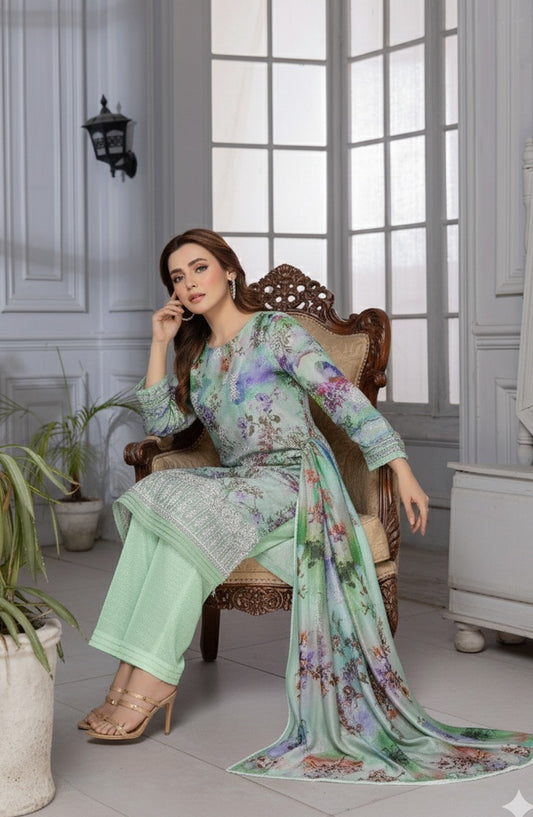 Mannat by Al Karim Embroidered Lawn Unstitched 3 Piece Suit - D-07 - AK26MNT - Green - Summer Collection