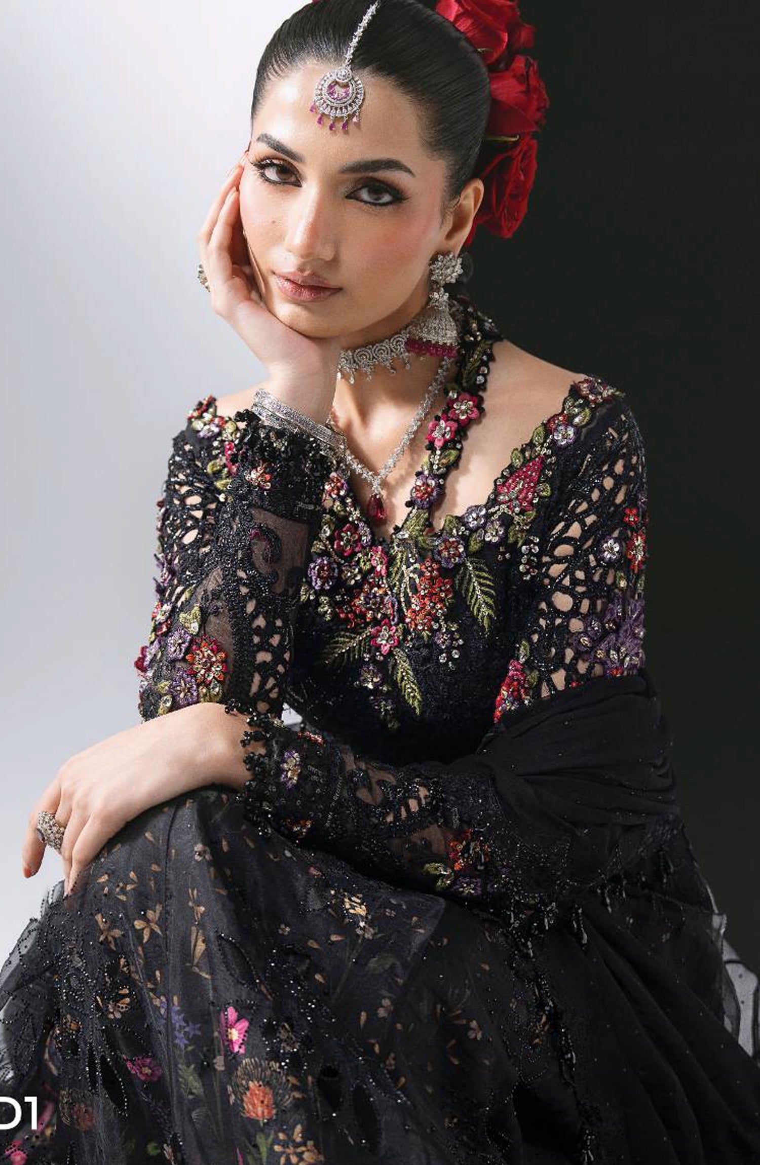 Maria B Luxury Embroidered Organza Unstitched 3 Piece Suit - D1 - MB26WED - Black - Wedding Collection