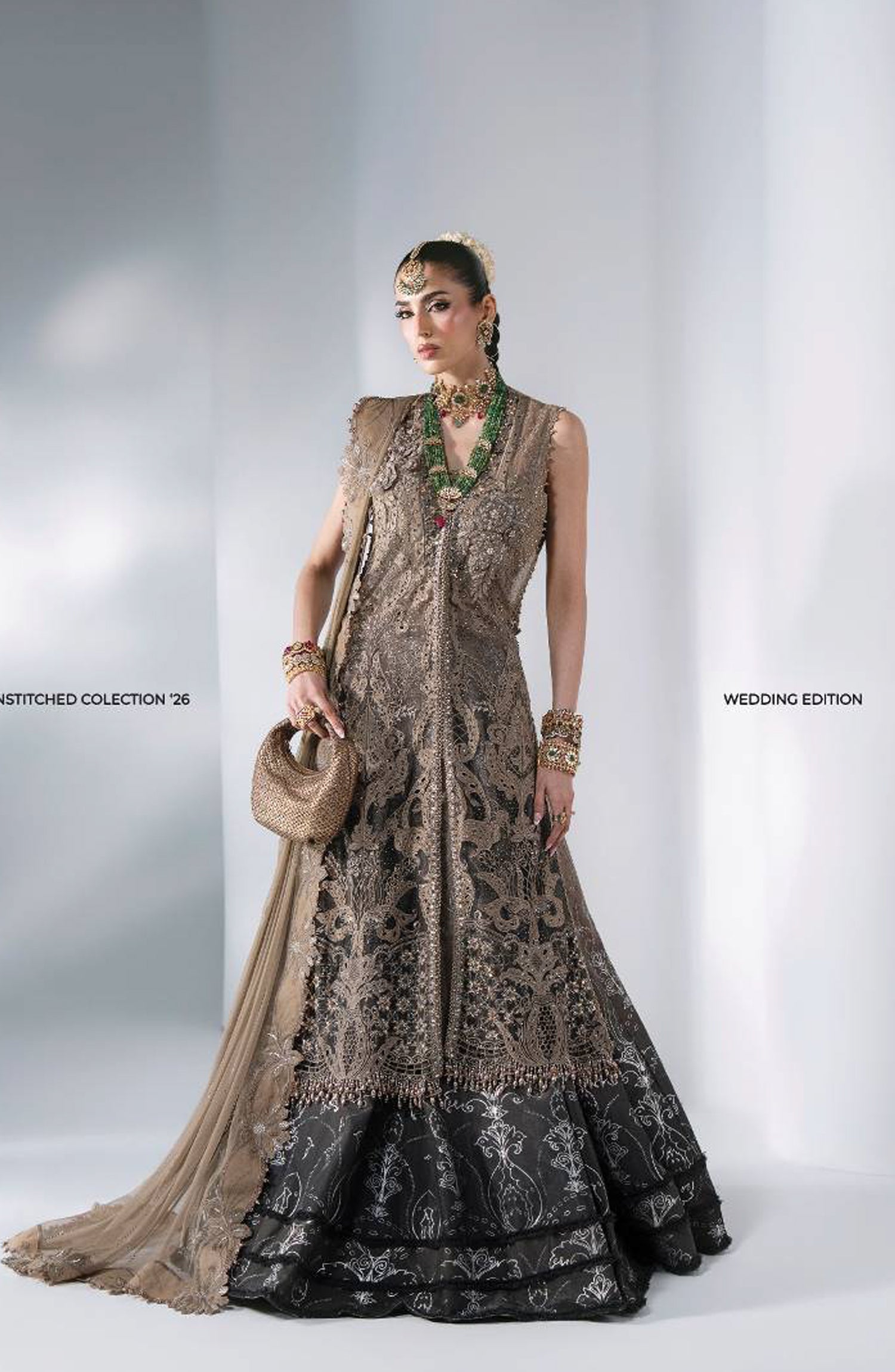 Maria B Luxury Embroidered Organza Unstitched 3 Piece Suit - D2 - MB26WED - Beige - Wedding Collection