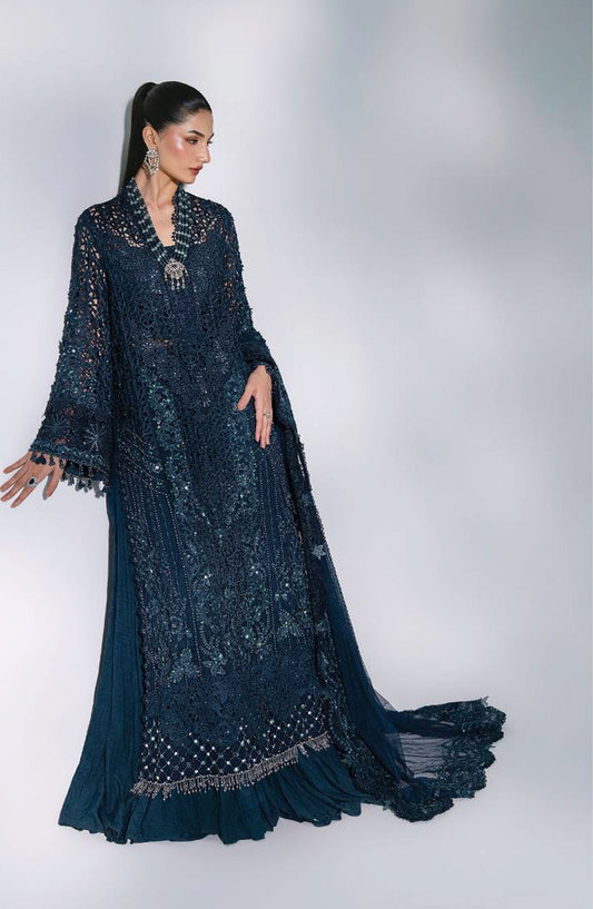 Maria B Luxury Embroidered Organza Unstitched 3 Piece Suit - D6 - MB26WED - Teal Blue - Wedding Collection