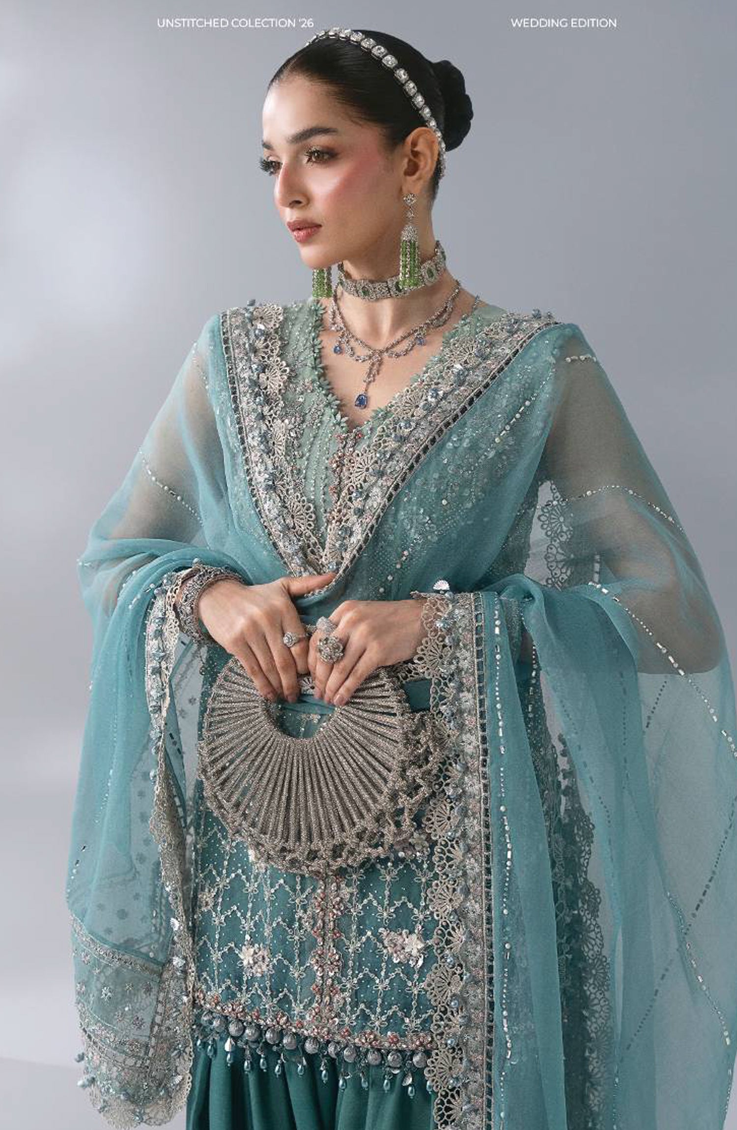 Maria B Luxury Embroidered Organza Unstitched 3 Piece Suit - D7 - MB26WED - Sea Green - Wedding Collection
