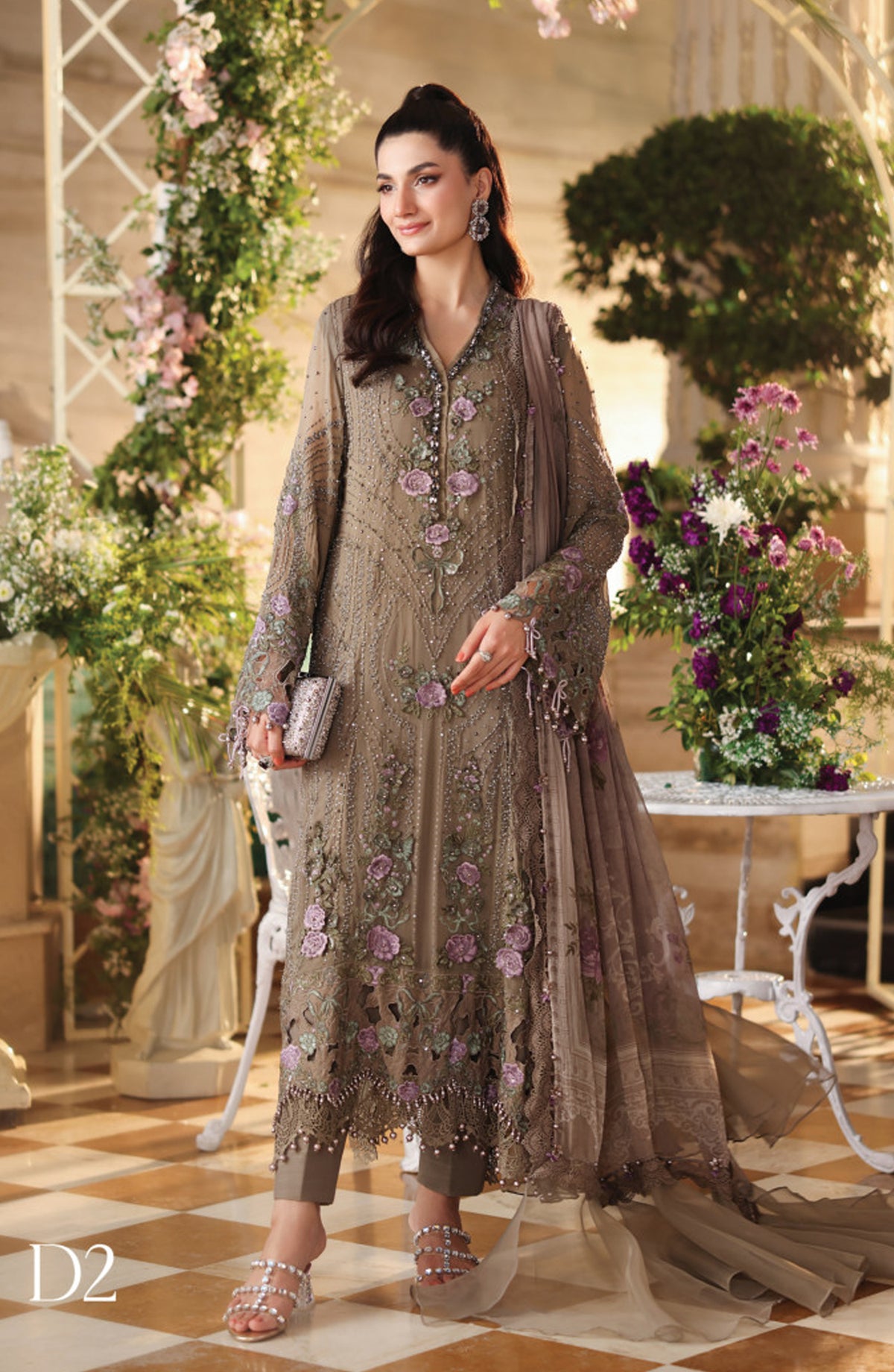 Maria B Embroidered Chiffon Unstitched 3 Piece Suit - D-02 - MB26CHF - Beige - Luxury Collection