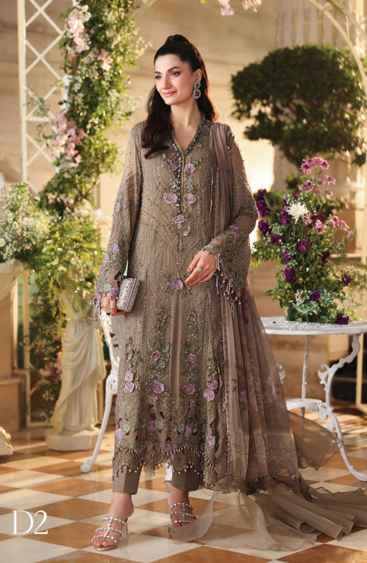 Maria B Embroidered Chiffon Unstitched 3 Piece Suit - D-02 - MB26CHF - Beige - Luxury Collection