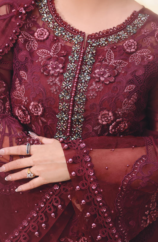 Maria B Embroidered Chiffon Unstitched 3 Piece Suit - D-08 - MB26CHF - Maroon - Luxury Collection