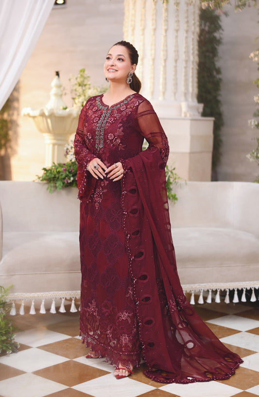 Maria B Embroidered Chiffon Unstitched 3 Piece Suit - D-08 - MB26CHF - Maroon - Luxury Collection
