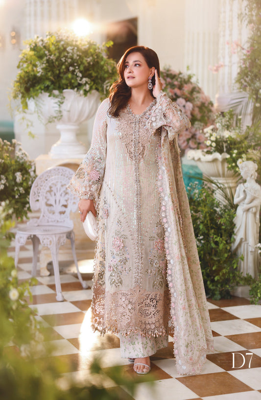 Maria B Embroidered Chiffon Unstitched 3 Piece Suit - D-07 - MB26CHF - Fawn - Luxury Collection