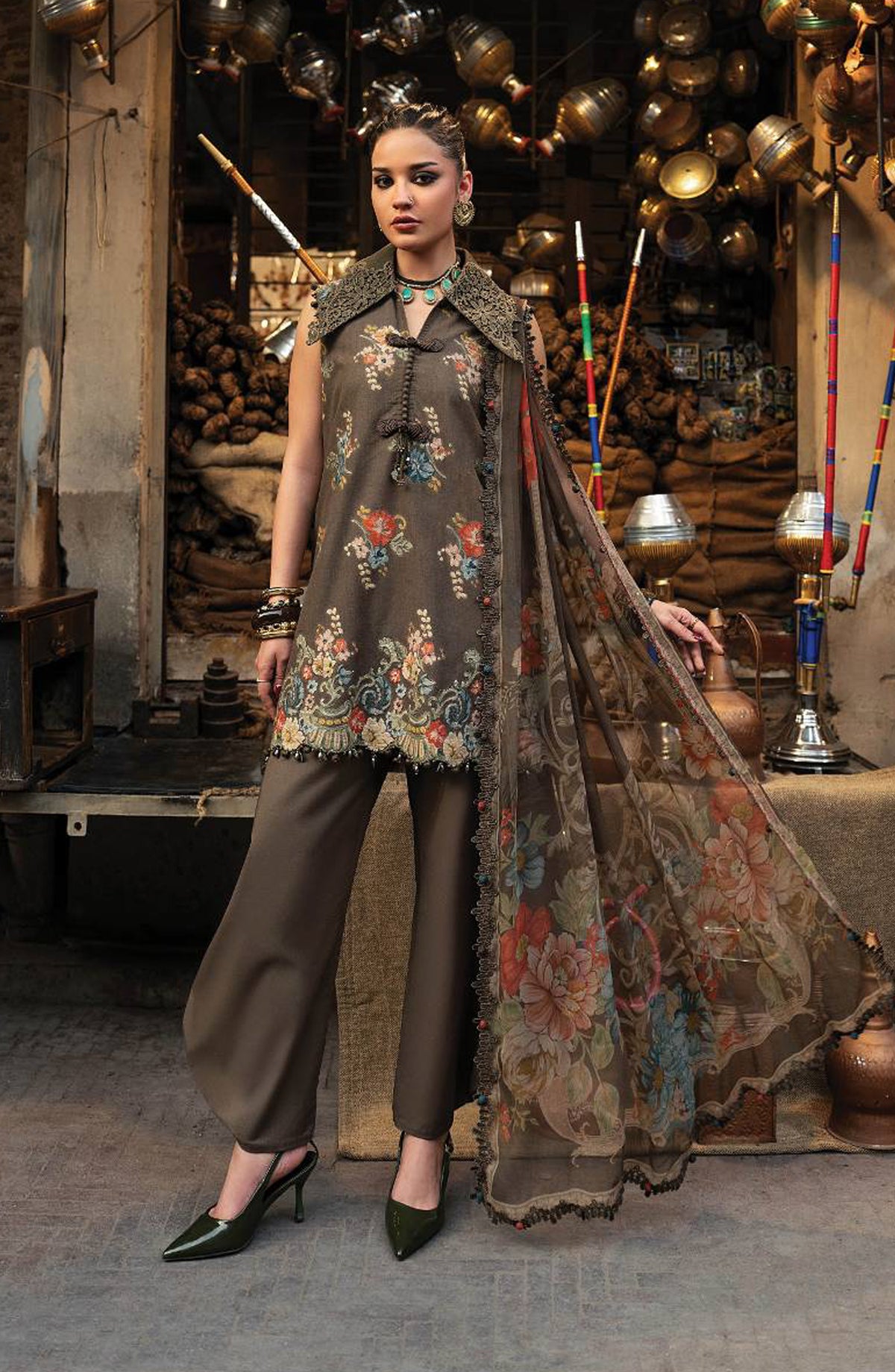 Maria B Embroidered Cambric Unstitched 3 Piece Suit - D-3B - MB26SD - Brown - Winter Collection