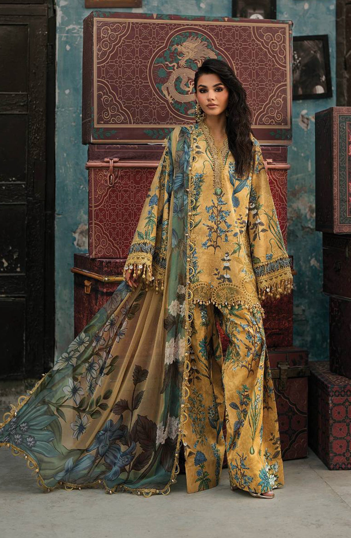 Maria B Embroidered Cambric Unstitched 3 Piece Suit - D-6A - MB26SD - Mustard - Winter Collection
