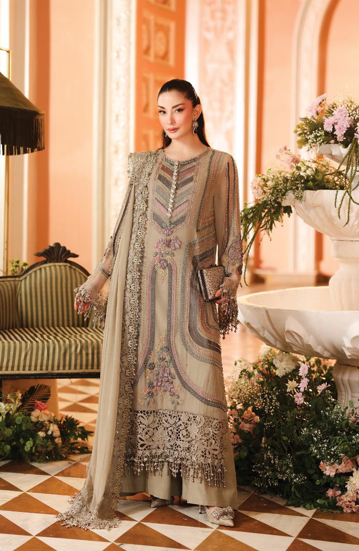 Maria B Embroidered Chiffon Unstitched 3 Piece Suit - D1 - MB26HNS - Beige - Festive Collection