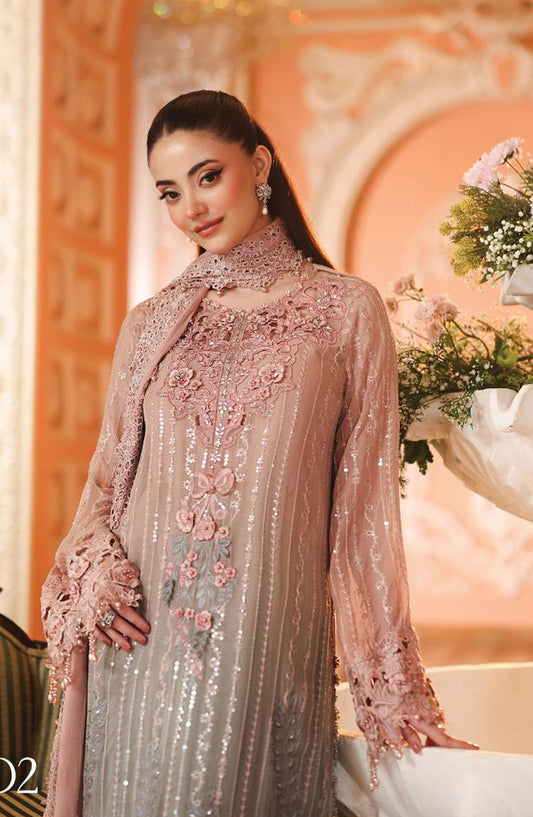 Maria B Embroidered Chiffon Unstitched 3 Piece Suit - D2 - MB26HNS - Pink Green - Festive Collection
