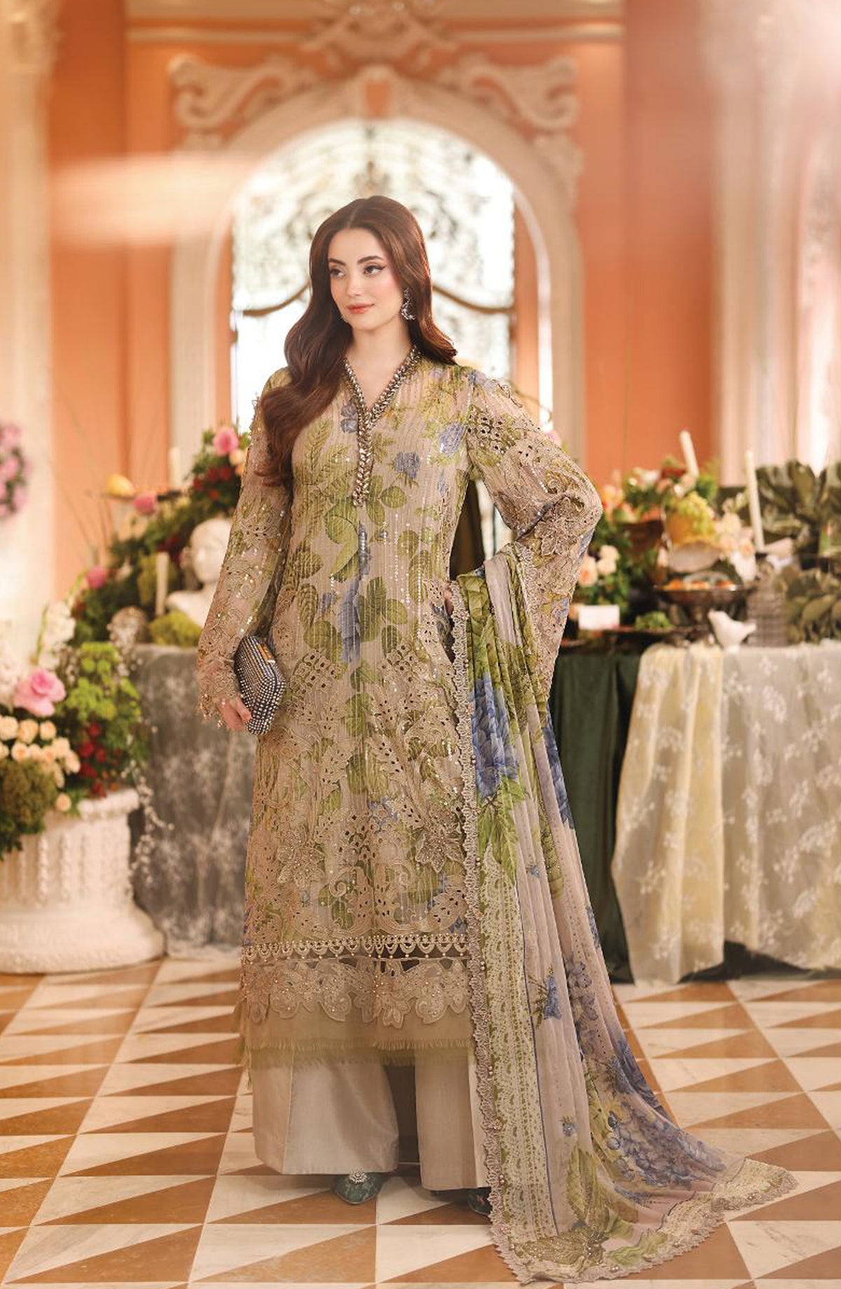 Maria B Embroidered Chiffon Unstitched 3 Piece Suit - D3 - MB26HNS - Brown - Festive Collection