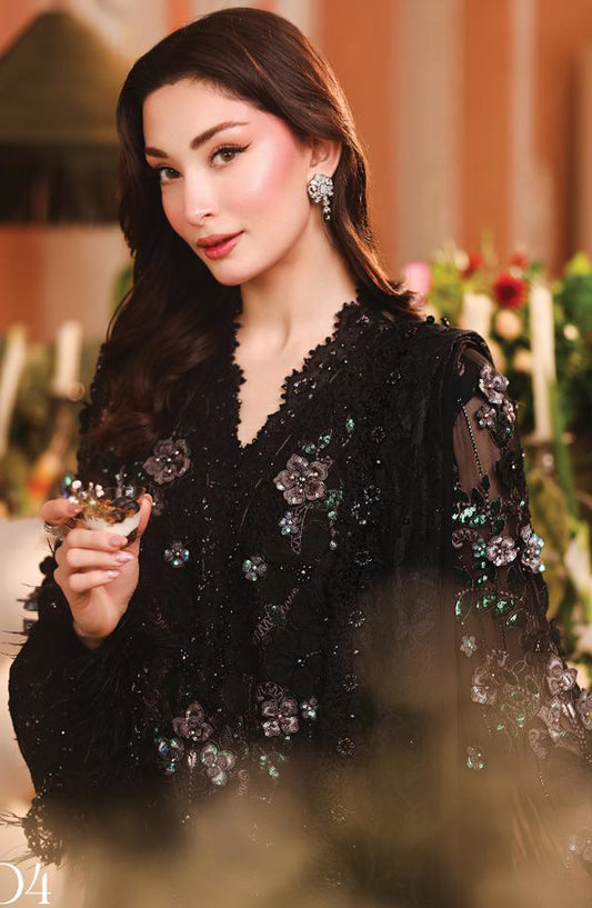 Maria B Embroidered Chiffon Unstitched 3 Piece Suit - D4 - MB26HNS - Black - Festive Collection