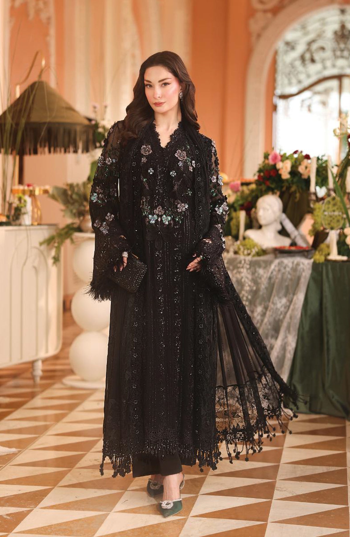 Maria B Embroidered Chiffon Unstitched 3 Piece Suit - D4 - MB26HNS - Black - Festive Collection