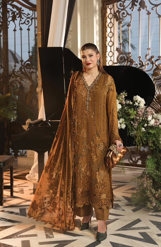 Maria B Embroidered Chiffon Unstitched 3 Piece Suit - D5 - MB26HNS - Brown - Festive Collection