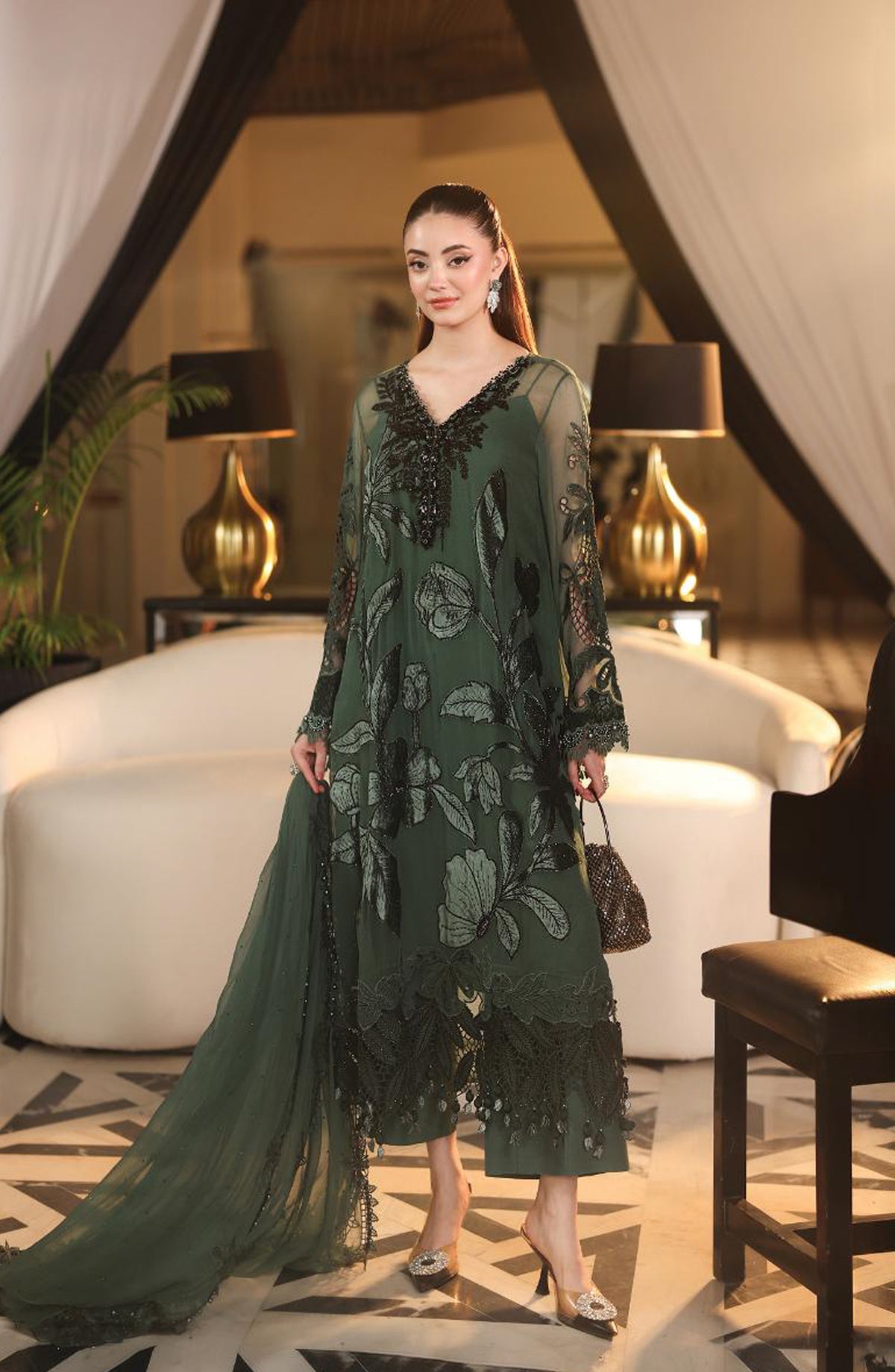 Maria B Embroidered Chiffon Unstitched 3 Piece Suit - D7 - MB26HNS - Green - Festive Collection