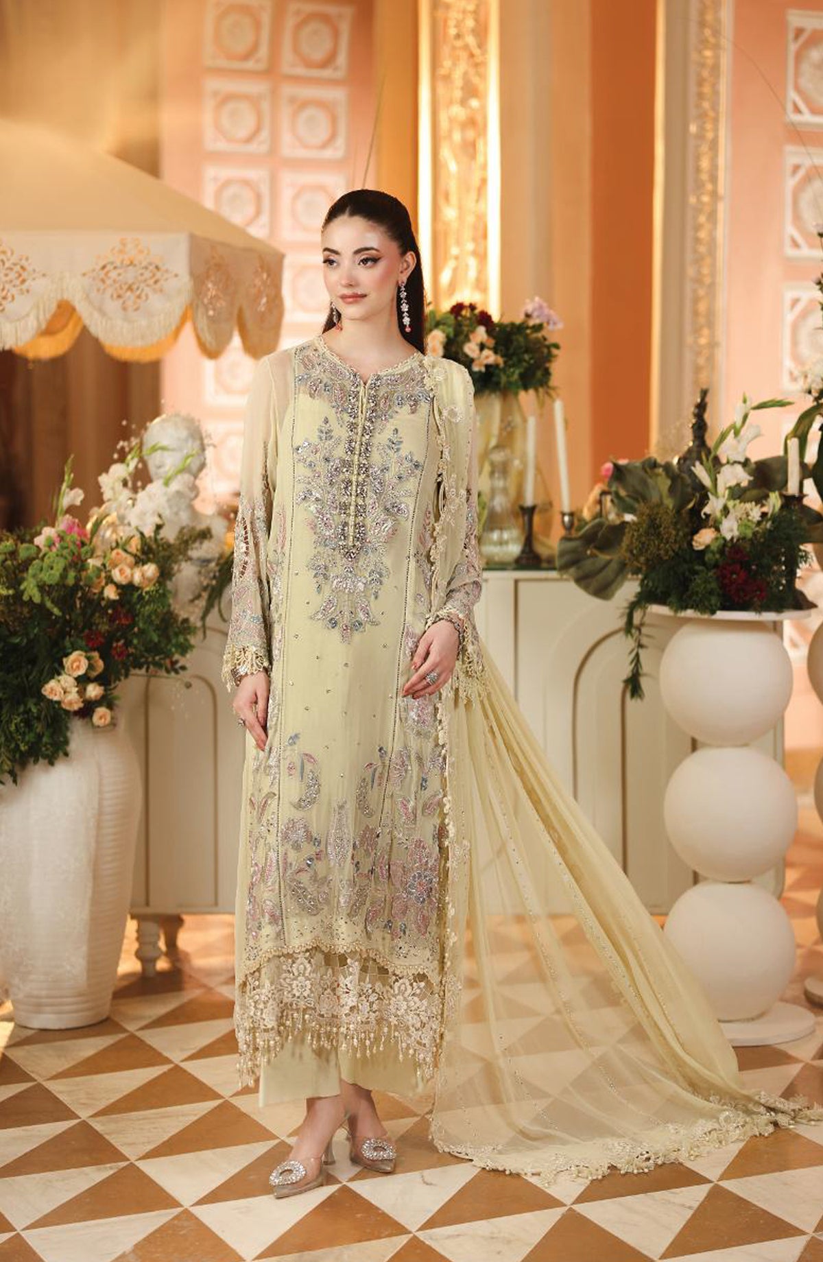 Maria B Embroidered Chiffon Unstitched 3 Piece Suit - D8 - MB26HNS - Lemon - Festive Collection